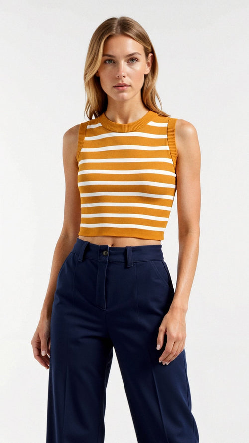 Dames Cropped Tanktop met Geribde Nautische Strepen – Zomeroutfit in Stretch Gebreide Stof, Verkrijgbaar in XS tot L 0