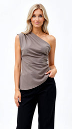 Dames Top met Eén Schouder van Luxe Stretchstof – Asymmetrisch Ontwerp in Duifgrijs, Saliegroen en Wit - Tops Dames 3