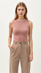 Mouwloze Dames Top met Geribde Stof en Parelversieringen - Elegante Tops Dames voor Casual en Formele Gelegenheden 0