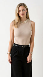 Mouwloze Dames Top met Geribde Stof en Parelversieringen - Elegante Tops Dames voor Casual en Formele Gelegenheden 3