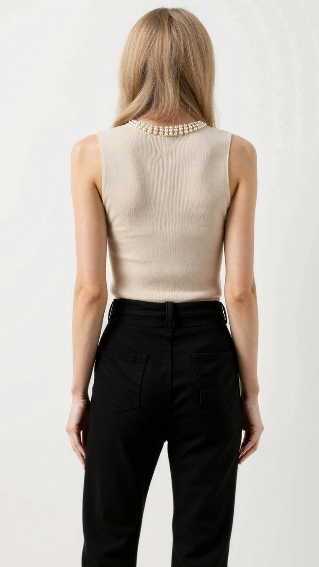 Mouwloze Dames Top met Geribde Stof en Parelversieringen - Elegante Tops Dames voor Casual en Formele Gelegenheden 4