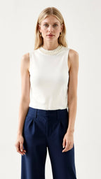 Mouwloze Dames Top met Geribde Stof en Parelversieringen - Elegante Tops Dames voor Casual en Formele Gelegenheden 5