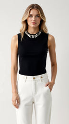 Mouwloze Dames Top met Geribde Stof en Parelversieringen - Elegante Tops Dames voor Casual en Formele Gelegenheden 7